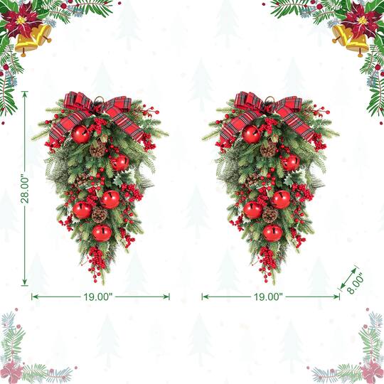 Glitzhome® 28" Christmas Bell Pinecone & Berry Bow Teardrop, Set of 2